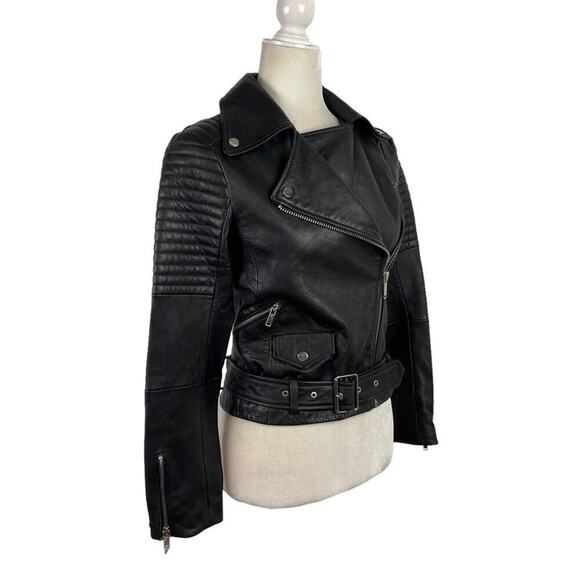 Zara Black Quilted Genuine Sheep Leather Cropped Moto Biker Blogger Jacket XS - Picture 10 of 16